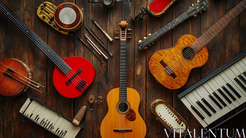 Assorted string and percussion instruments on wooden surface.