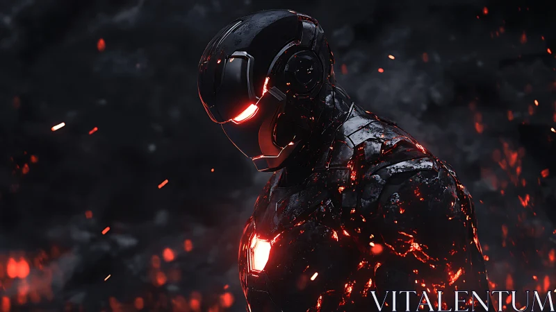 Armored cyber warrior stands in molten embers and shadow