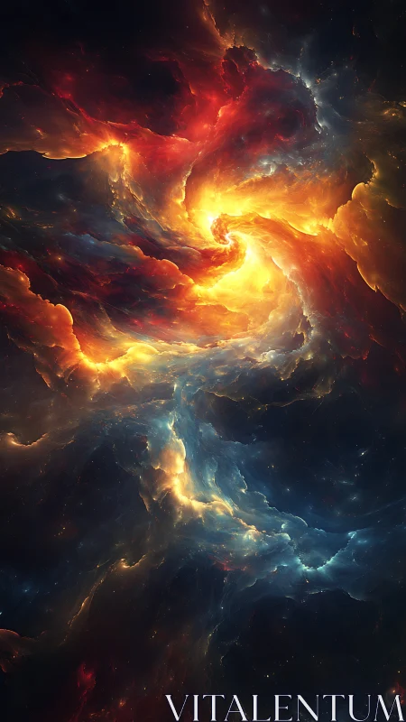 Spiraling stellar inferno within luminous cosmic nebula.