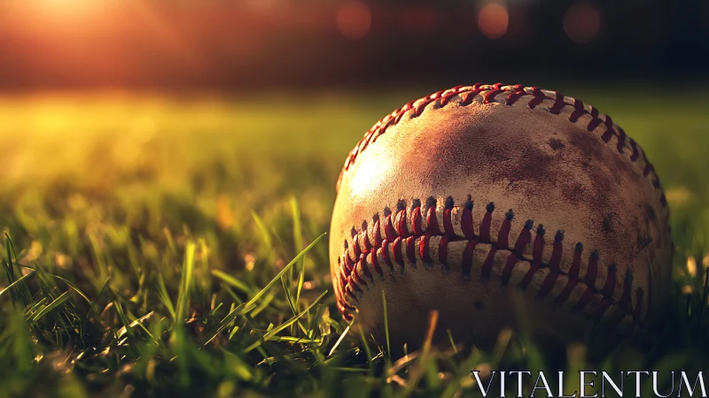 Weathered baseball in golden sunset on grassy field.