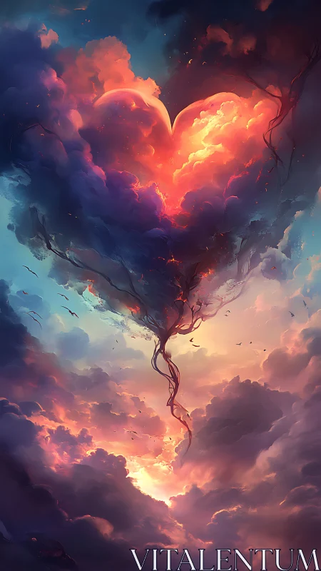 Heart of Fire: A Glowing Love Rising Through Clouds.