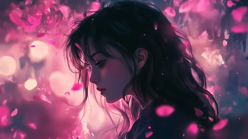 Melancholic girl in pink petals under twilight glow.