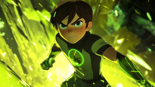 Animated boy in green sci fi suit amid glowing energy field.