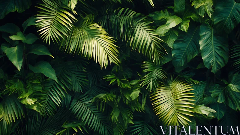 Overlapping tropical palm leaves in dense green canopy.