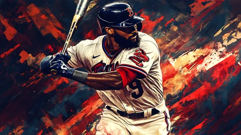 Powerful baseball slugger readies swing amid fiery energy.