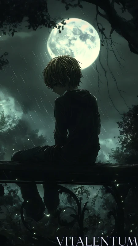 Moonlit loner on a rain-soaked railing under haunted sky.
