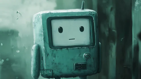 Melancholic teal robot stands in misty urban alleyway.