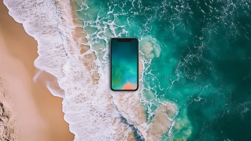 Smartphone composited into aerial shoreline with turquoise surf