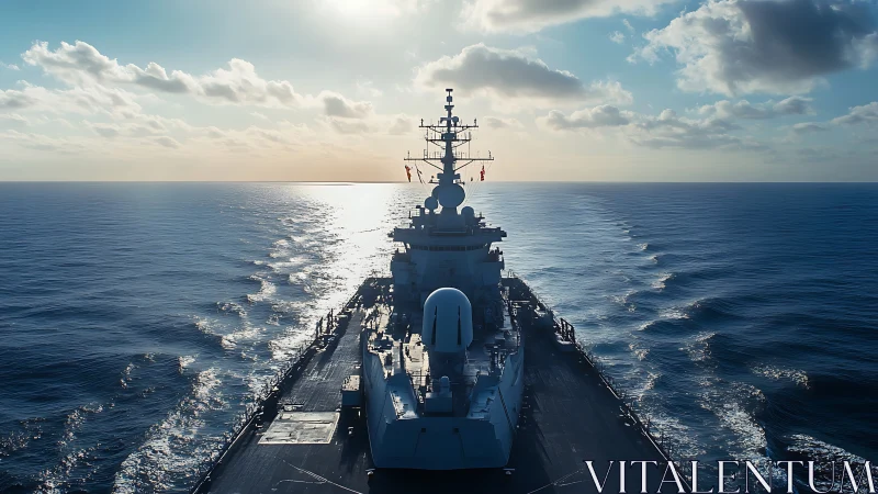 Modern naval warship underway, bow wake trails in backlit seas