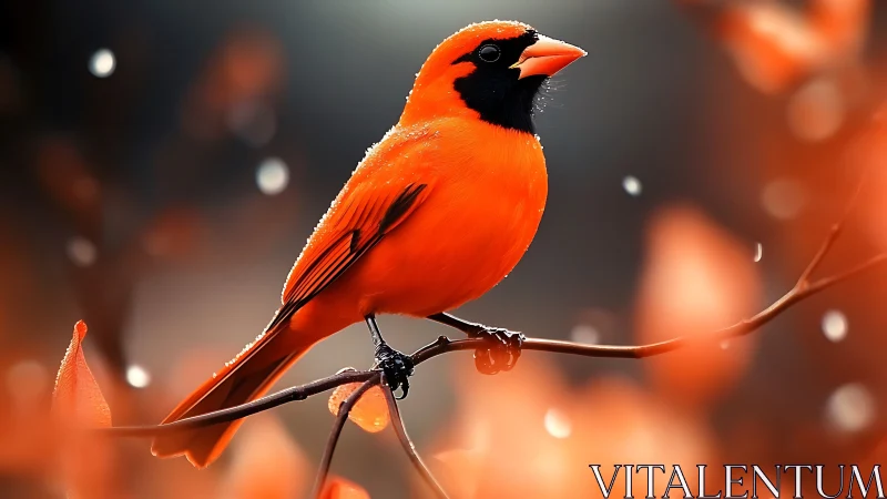 Vibrant cardinal perched on branch in autumn bokeh style photograph.