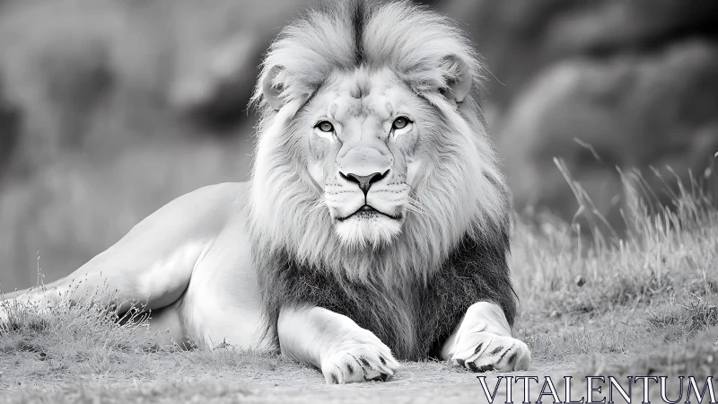 Male lion rests alert on grassland in monochrome closeup
