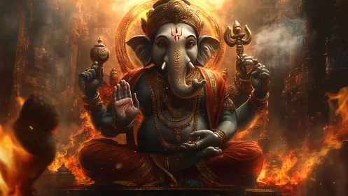 Elephant-headed deity figure sits amid flames and architecture