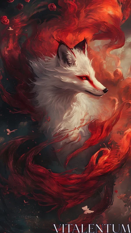 Fox of ember dreams wrapped in swirling crimson fire.
