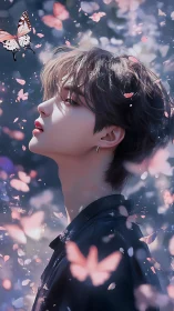 Youthful figure gazes toward drifting butterflies in bloom