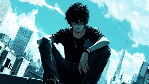 Solitary rooftop teenager broods above a neon-blue city sky