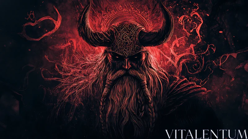 Runic horned warlord emerges from infernal red vortex