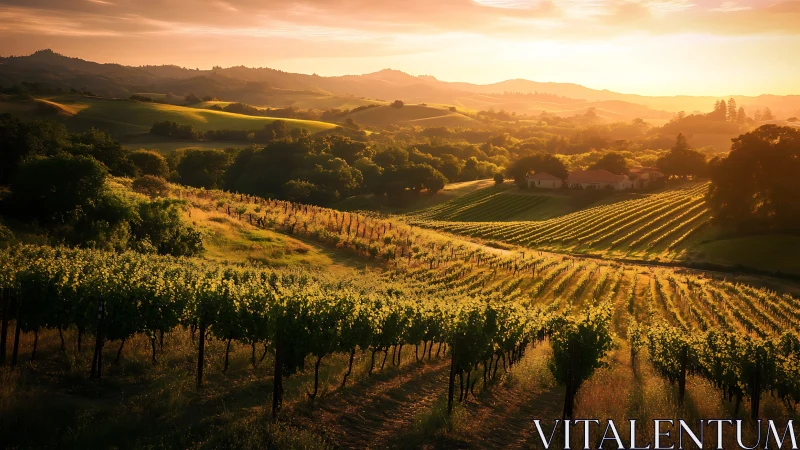 Sunlit vineyard rows across rolling rural hills at dusk.