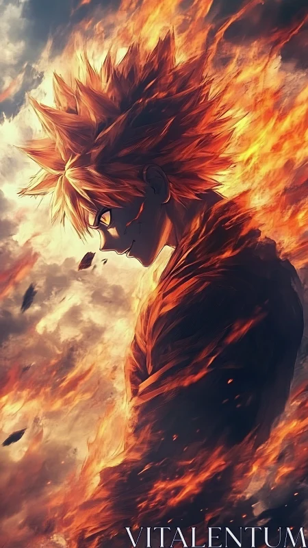 Blazing lone hero crowned in wild solar flames of fury.