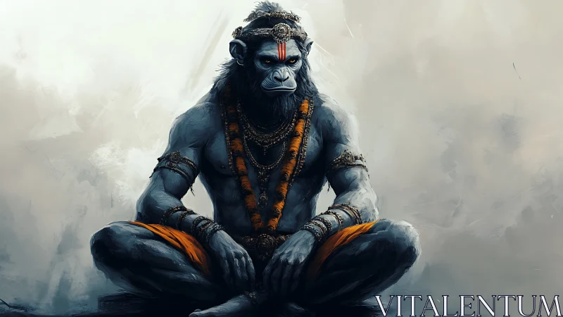 Mythic simian warrior sits in meditative, guarded poise