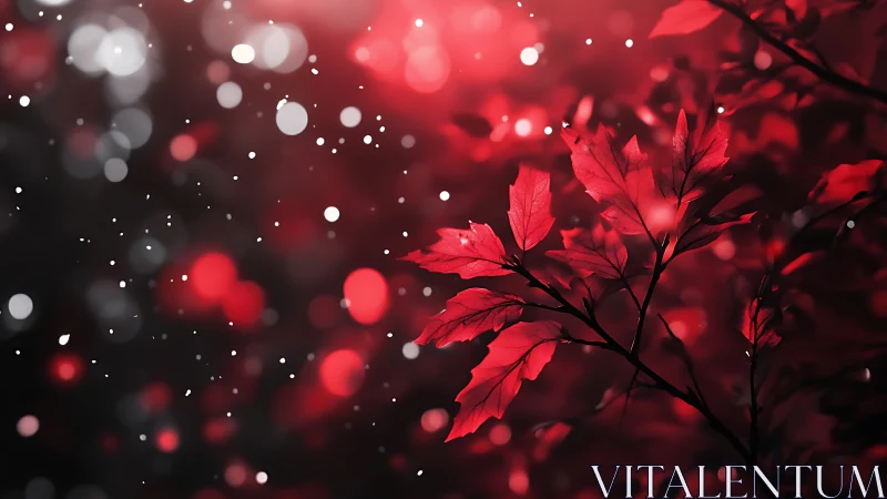 Scarlet leaves dance under twilight bokeh snowfall.