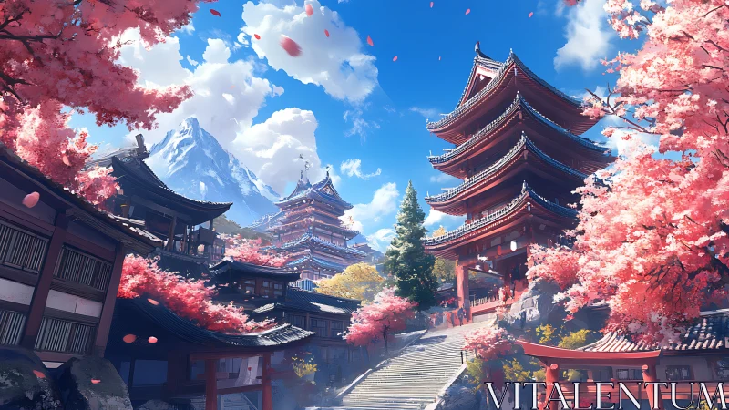 Tiered Japanese pagodas in cherry blossom valley, alpine backdrop
