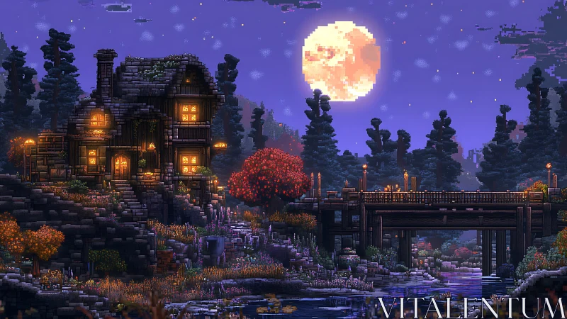Pixelated riverside house and wooden bridge under full moon