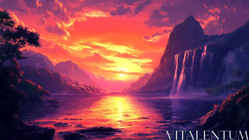 Hyper-saturated tropical sunset illuminates waterfalls and bay