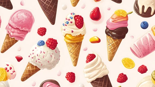 Playful ice cream cones and berries in seamless pattern.