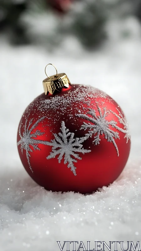 Macro study of frosted red ornament in granular snowfield.