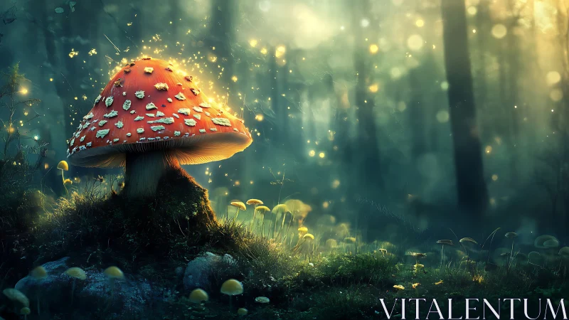 Firefly-lit toadstool hums softly at the heart of dusk