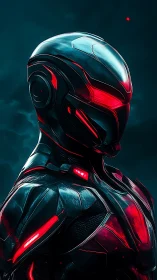 Futuristic armored cyborg with glowing red highlights.