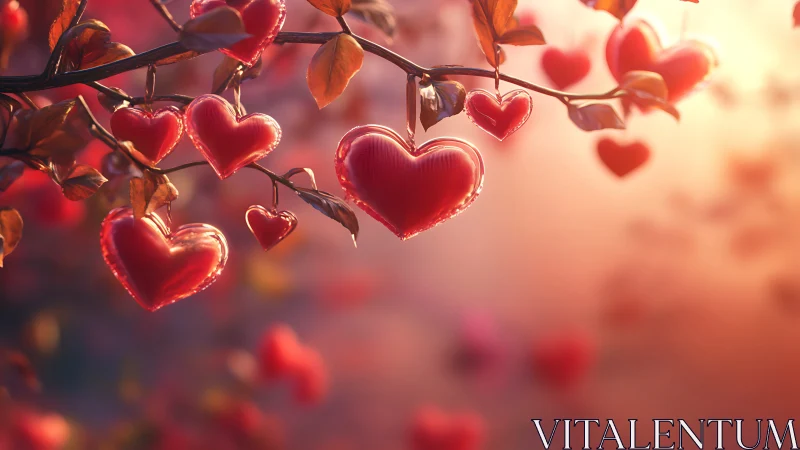 Heart-Shaped Ornaments on Branch with Warm Atmospheric Bokeh