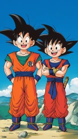 Dual martial figures in coordinated orange gi under clear sky.