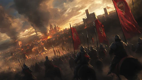 Knights on horseback ride toward a burning medieval city.