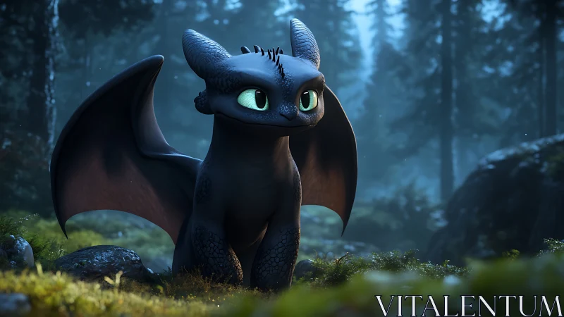 Playful black dragon rests in a misty enchanted forest.