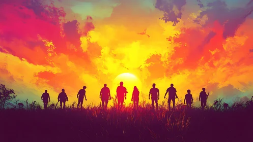 Silhouetted group walks toward a blazing, hopeful sunset sky
