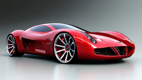 Streamlined crimson supercar on reflective studio floor.