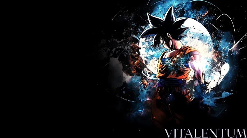Saiyan warrior stands amid explosive cosmic energy burst.