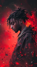 Profile portrait in red embers with contemplative mood.