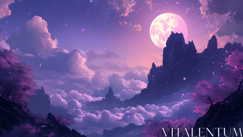 Lunar-illuminated sakura mountainscape above stratiform clouds
