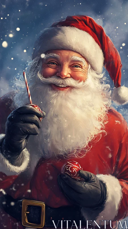 Joyful Santa holds candy cane and ornaments in snowfall.