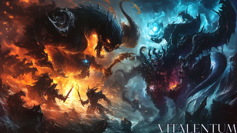 Elemental leviathans wage symmetrical fire and ice battlefield clash