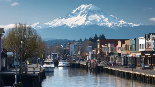 Snowy mountain above small harbor town main street view.
