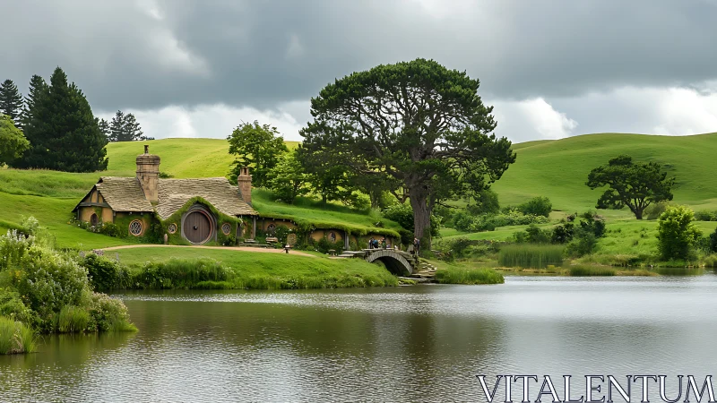 Hillside hobbit hideaway beside a hush-bright country river.
