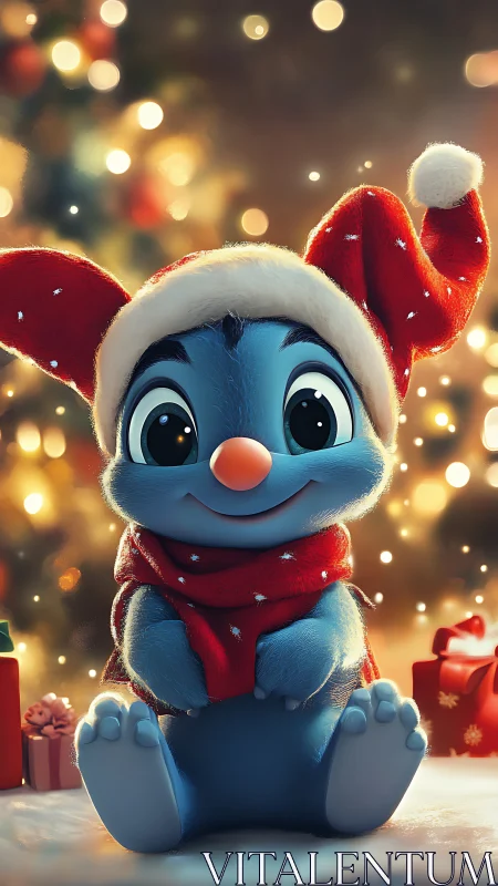 Blue cartoon creature in Santa hat with Christmas lights.