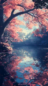 Crimson treetops lean down to paint the quiet lake twice