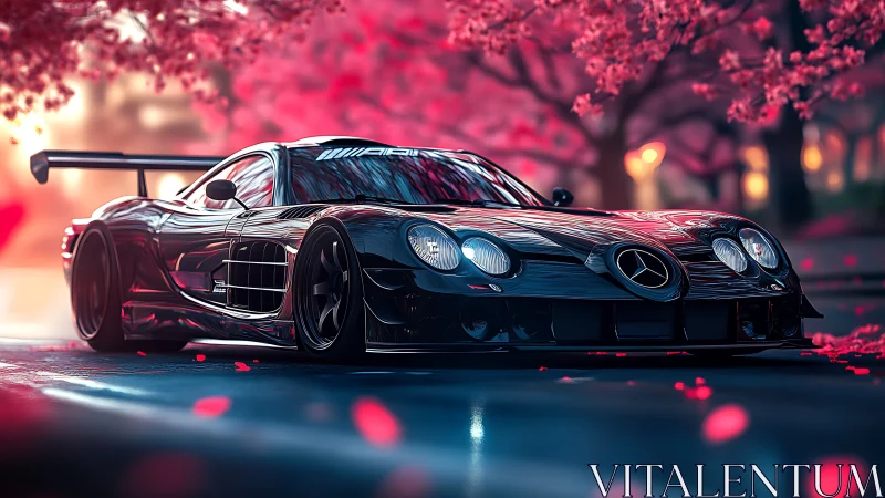 Black Mercedes race car under neon cherry blossoms at dusk.
