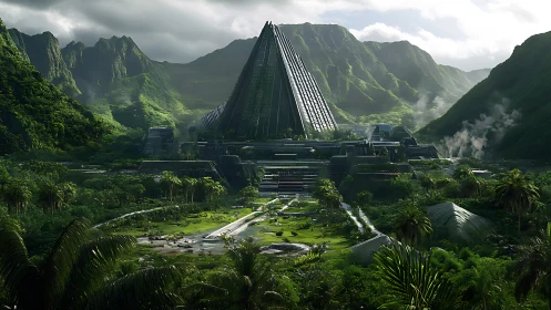 Futuristic pyramid complex stands in dense tropical valley