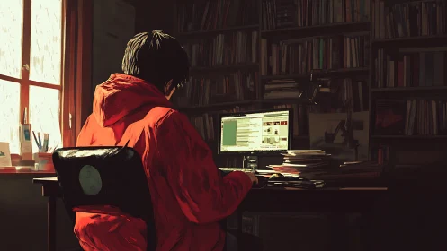 Cozy red-hoodie coder tucked into a quiet book-lined nook.