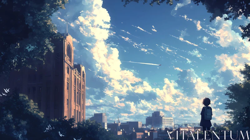 Golden hour cityscape with student silhouette and drifting clouds.